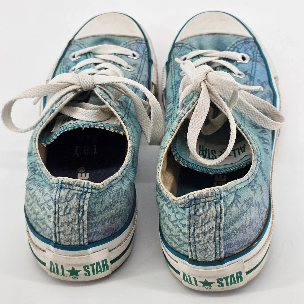 Converse Chuck Taylor All Star Womens 7 Teal Blue Script Print Low Top Sneakers - Picture 3 of 14